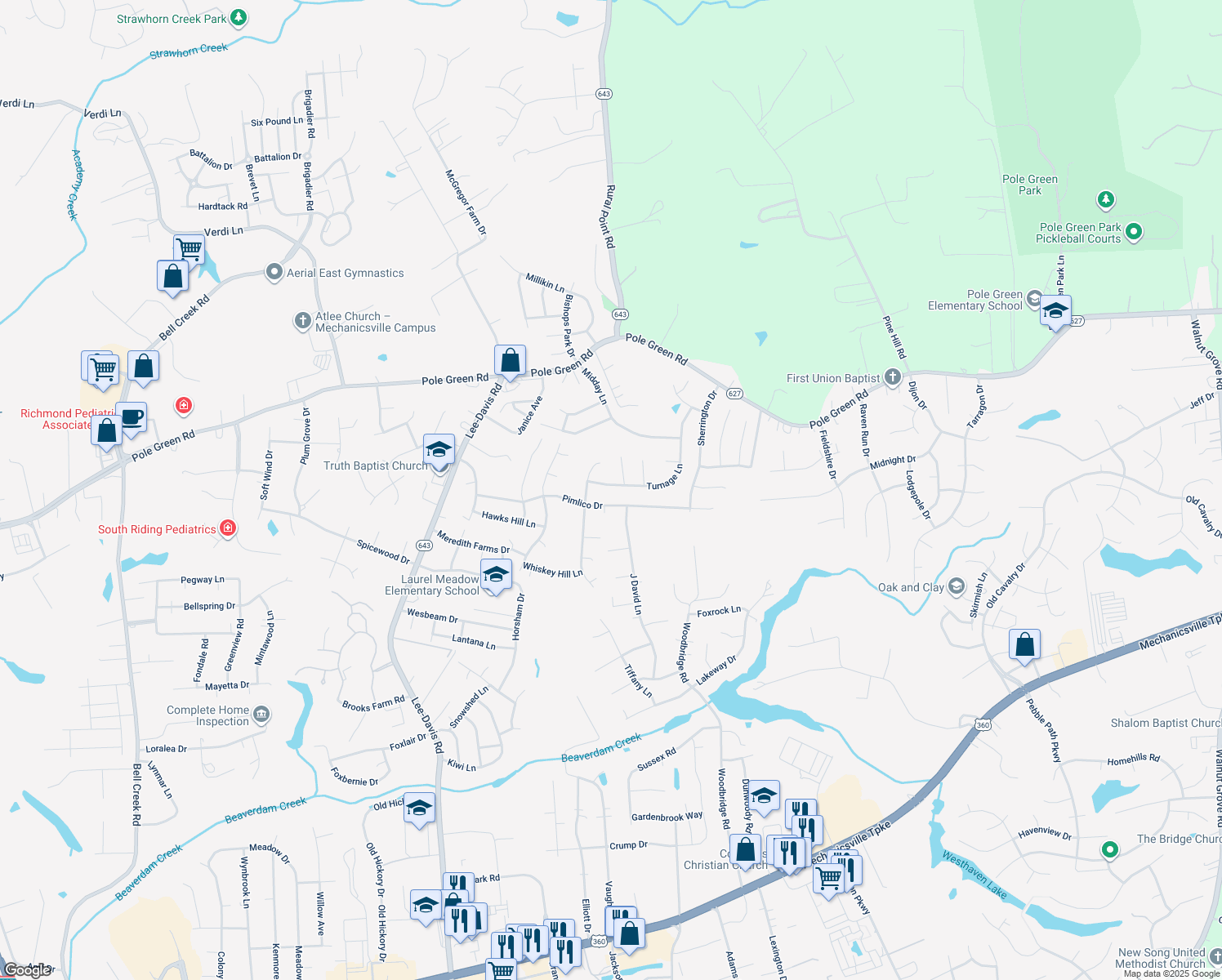 map of restaurants, bars, coffee shops, grocery stores, and more near 6921 Turnage Lane in Mechanicsville