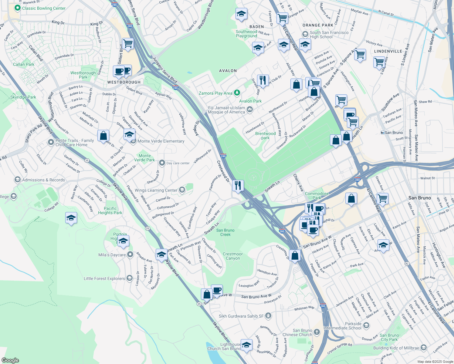 map of restaurants, bars, coffee shops, grocery stores, and more near 1511 Crestwood Drive in San Bruno