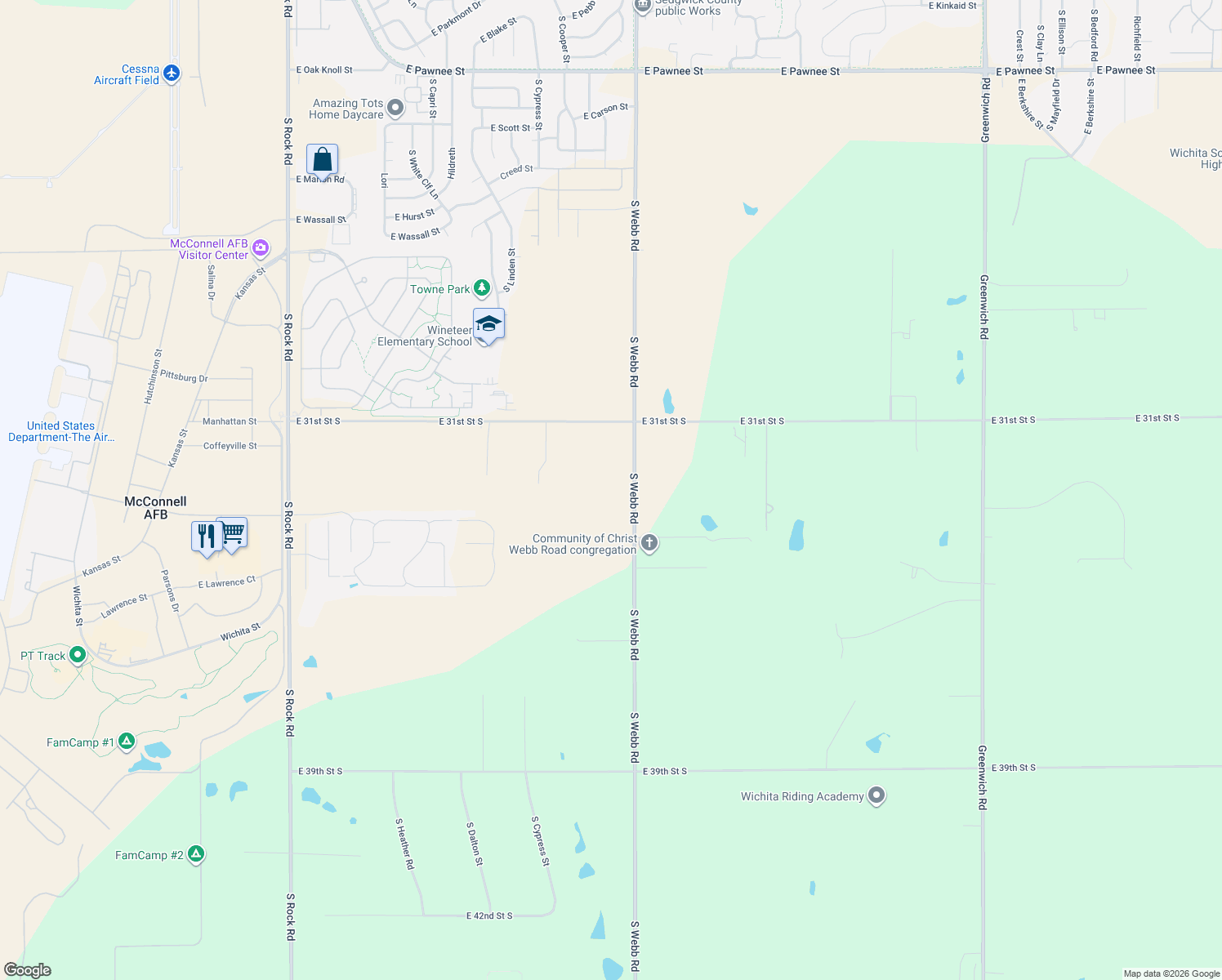 map of restaurants, bars, coffee shops, grocery stores, and more near 3311 South Webb Road in Wichita