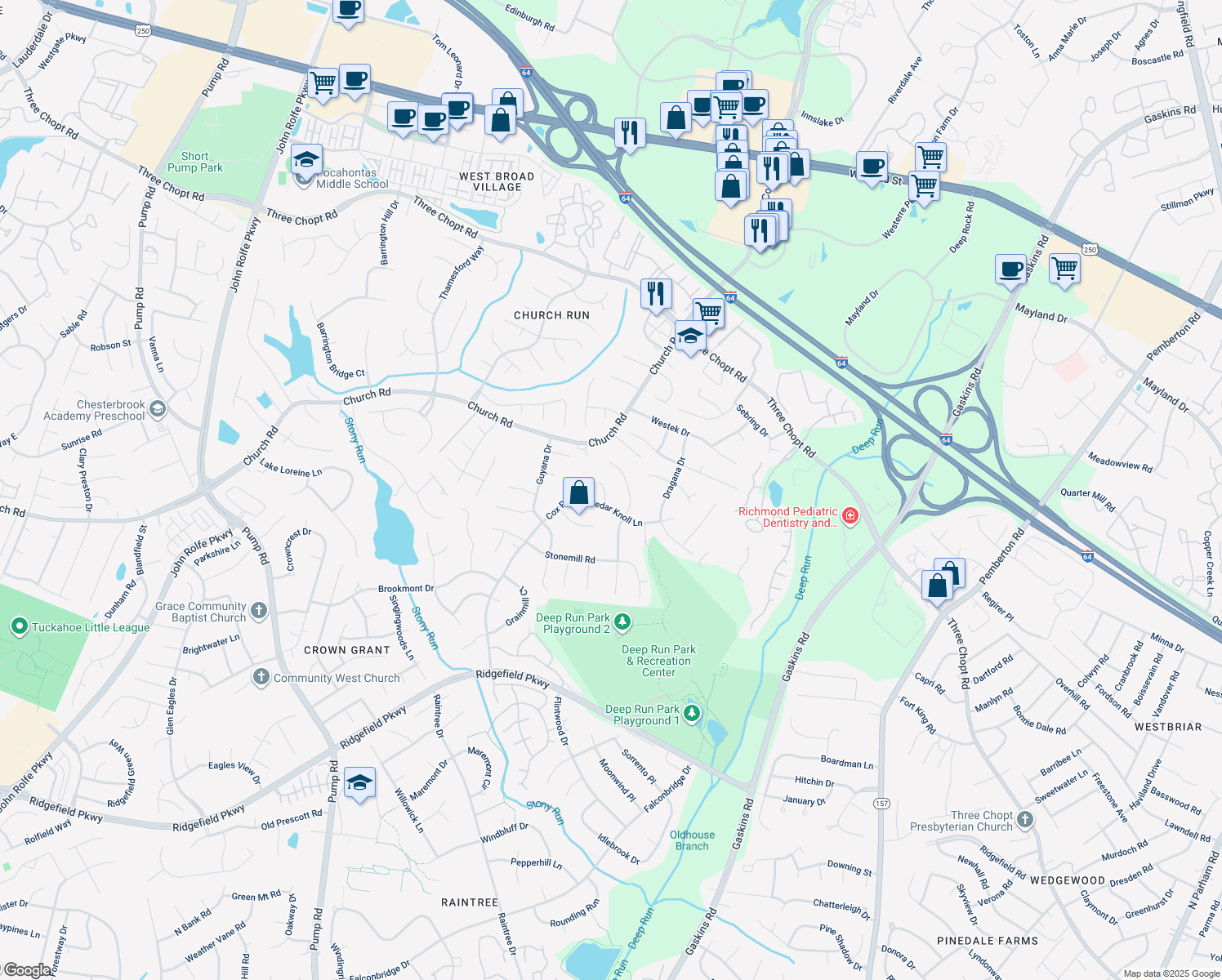 map of restaurants, bars, coffee shops, grocery stores, and more near 2505 Cedar Knoll Court in Richmond
