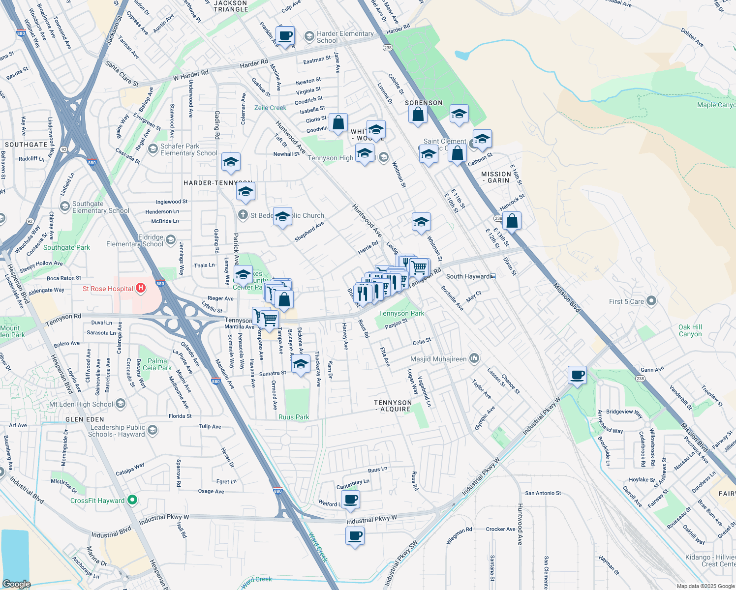 map of restaurants, bars, coffee shops, grocery stores, and more near 27894 Andrea St in Hayward
