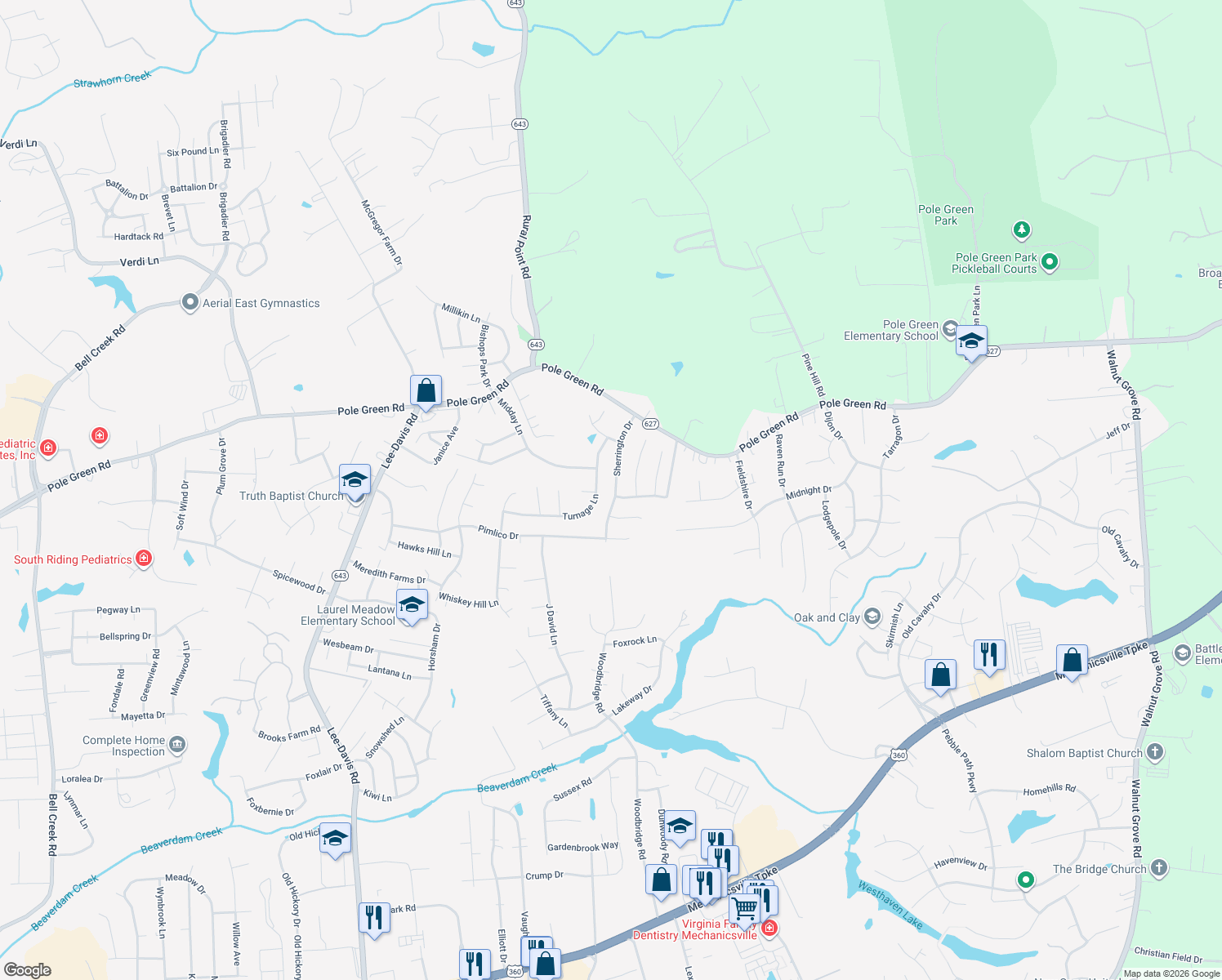 map of restaurants, bars, coffee shops, grocery stores, and more near 8373 Sherrington Dr in Mechanicsville