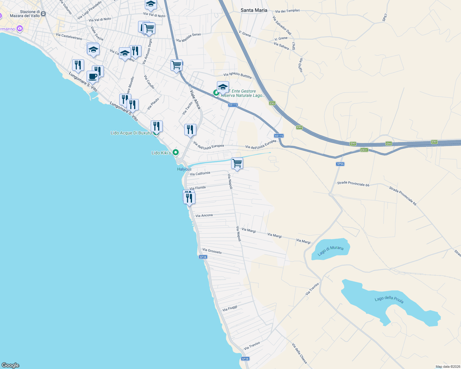 map of restaurants, bars, coffee shops, grocery stores, and more near 1 Via la Spezia in Mazara del Vallo