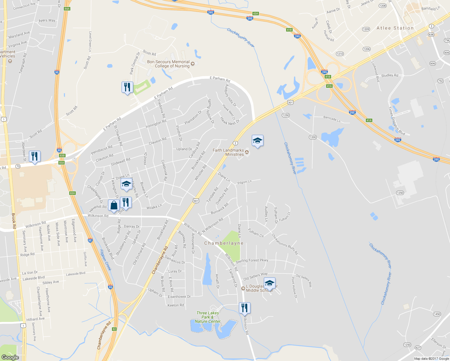 map of restaurants, bars, coffee shops, grocery stores, and more near 8225 Tyndale Road in Richmond