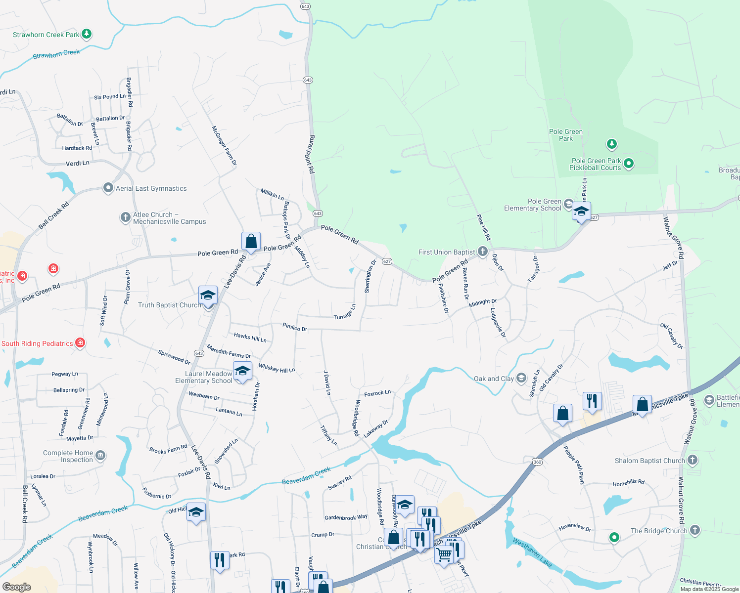 map of restaurants, bars, coffee shops, grocery stores, and more near 8376 Sherrington Drive in Mechanicsville