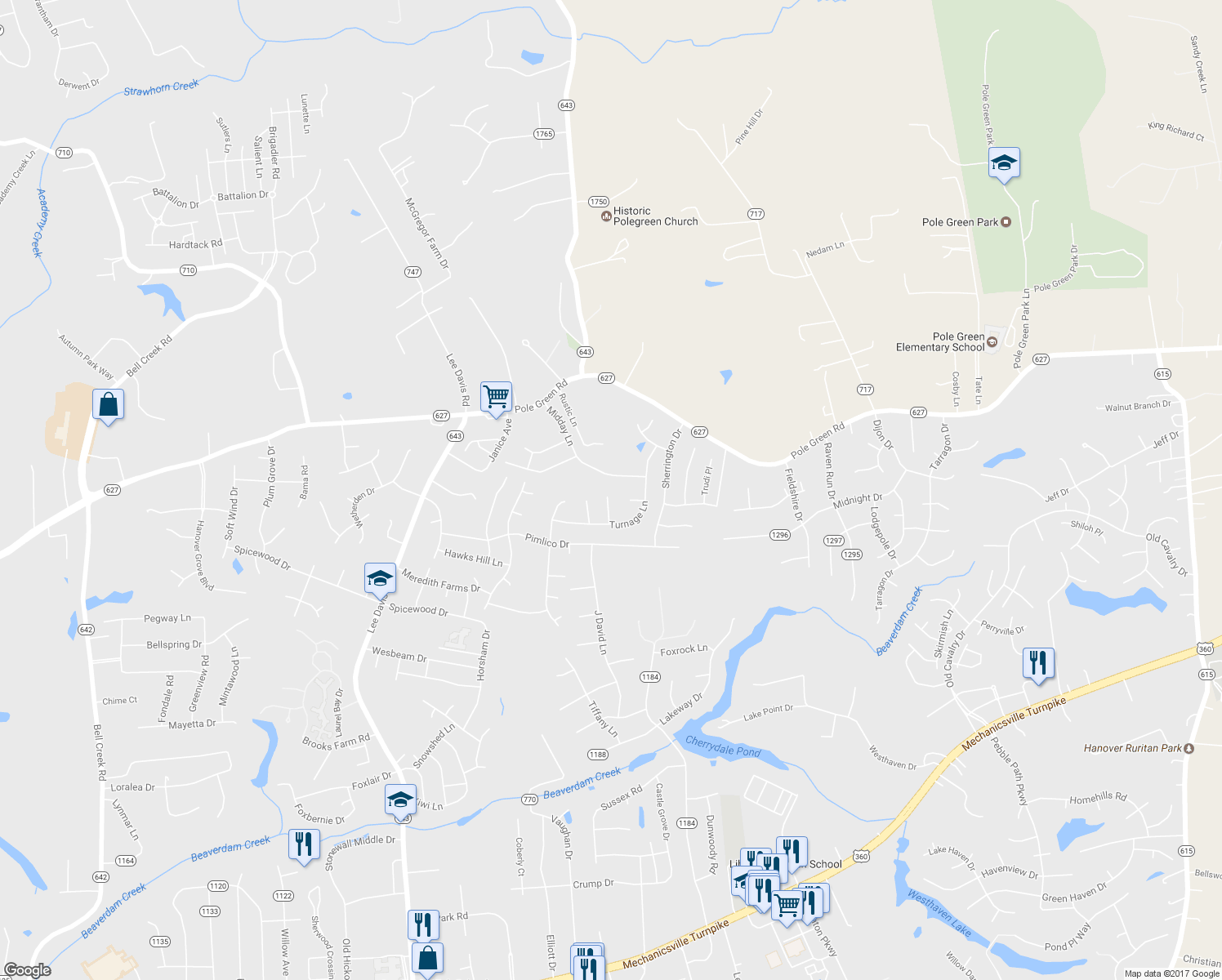 map of restaurants, bars, coffee shops, grocery stores, and more near 8250 Hillstone Court in Mechanicsville