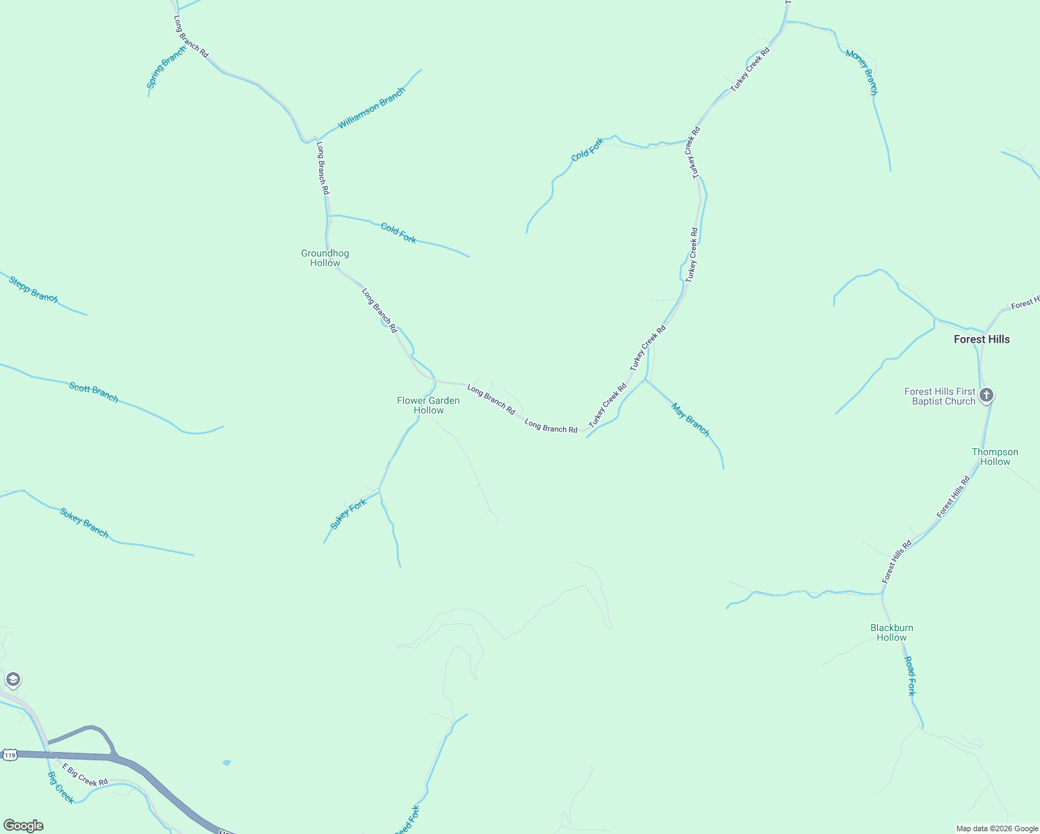 map of restaurants, bars, coffee shops, grocery stores, and more near 3400 Long Branch Road in Belfry