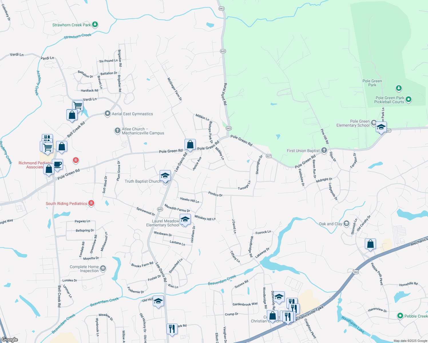 map of restaurants, bars, coffee shops, grocery stores, and more near 6523 Legacy Park Drive in Mechanicsville