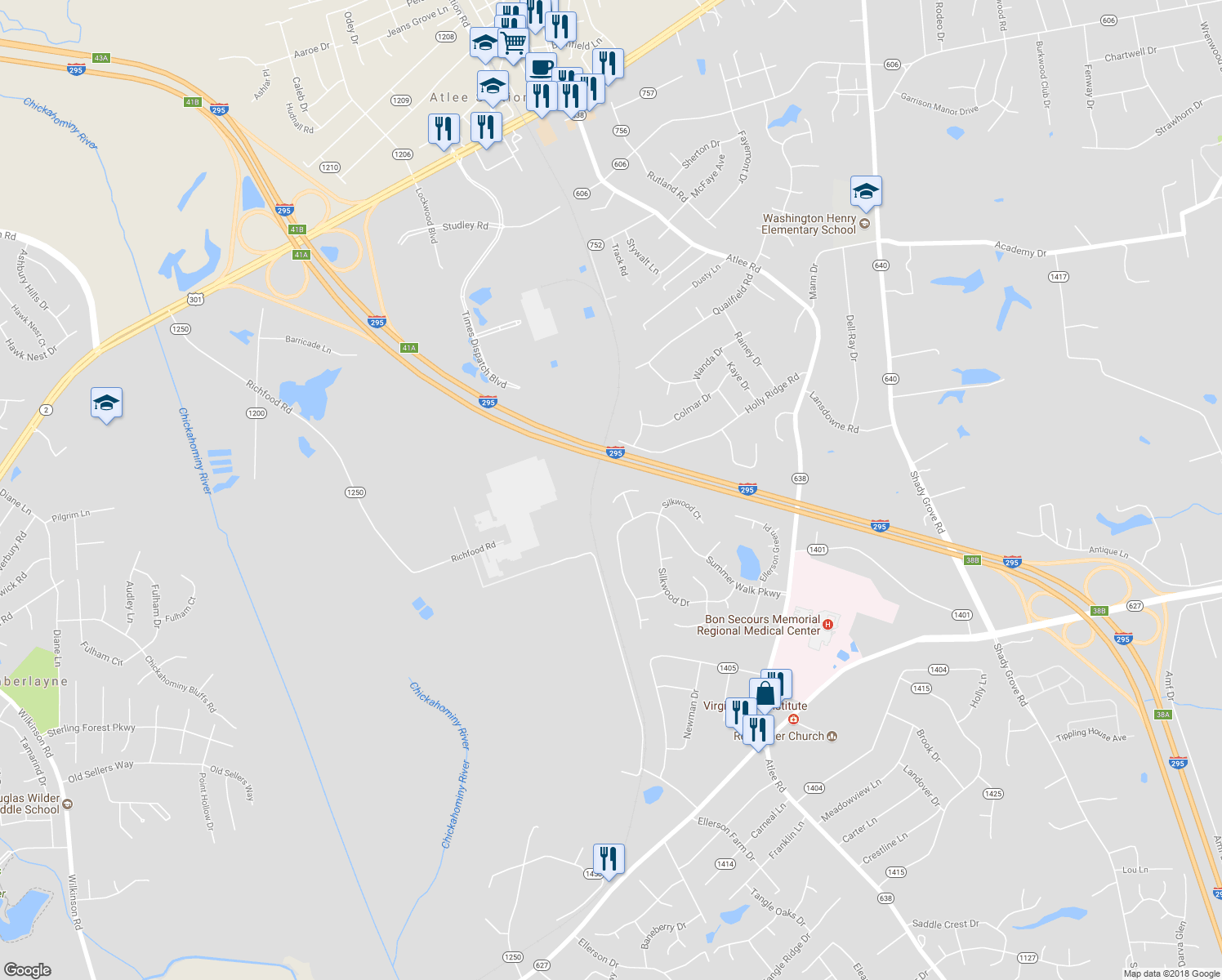 map of restaurants, bars, coffee shops, grocery stores, and more near 8386 Springset Lane in Mechanicsville