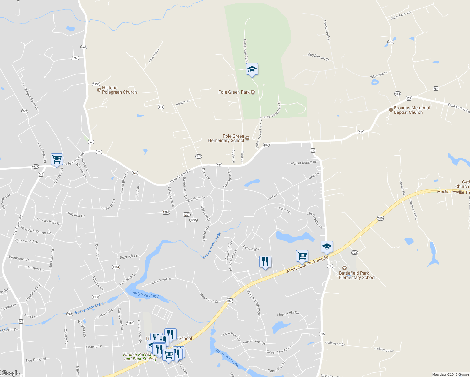 map of restaurants, bars, coffee shops, grocery stores, and more near 6136 Dijon Drive in Mechanicsville
