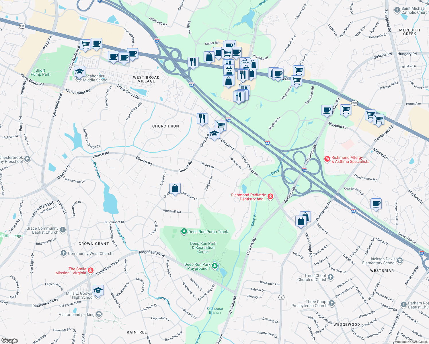 map of restaurants, bars, coffee shops, grocery stores, and more near 3007 Dragana Dr in Richmond