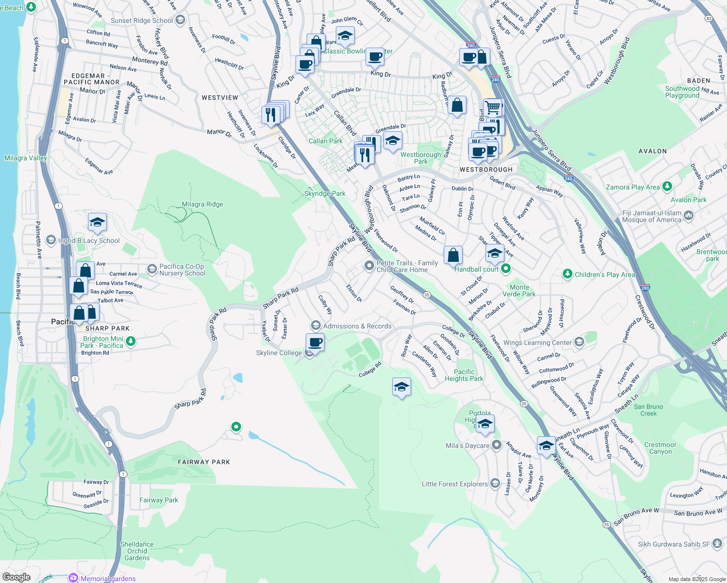 map of restaurants, bars, coffee shops, grocery stores, and more near 3151 Summit Road in San Bruno