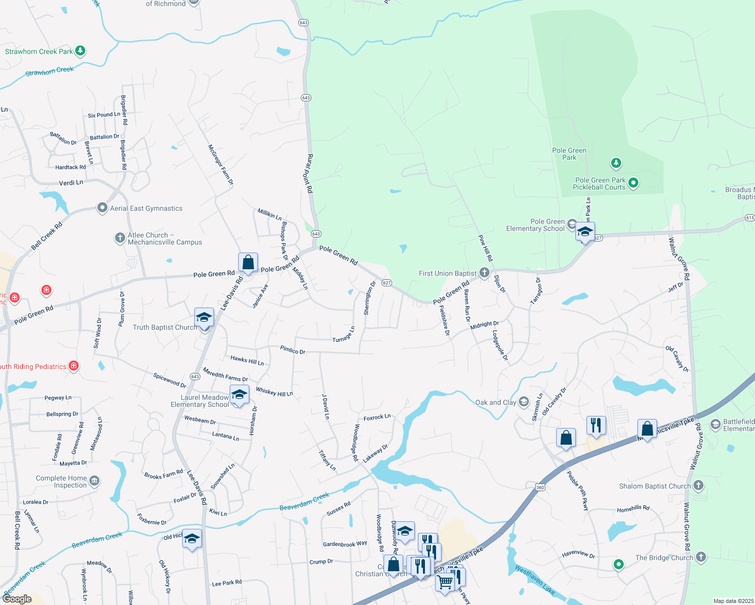 map of restaurants, bars, coffee shops, grocery stores, and more near 8285 Carrolton Ridge Place in Mechanicsville