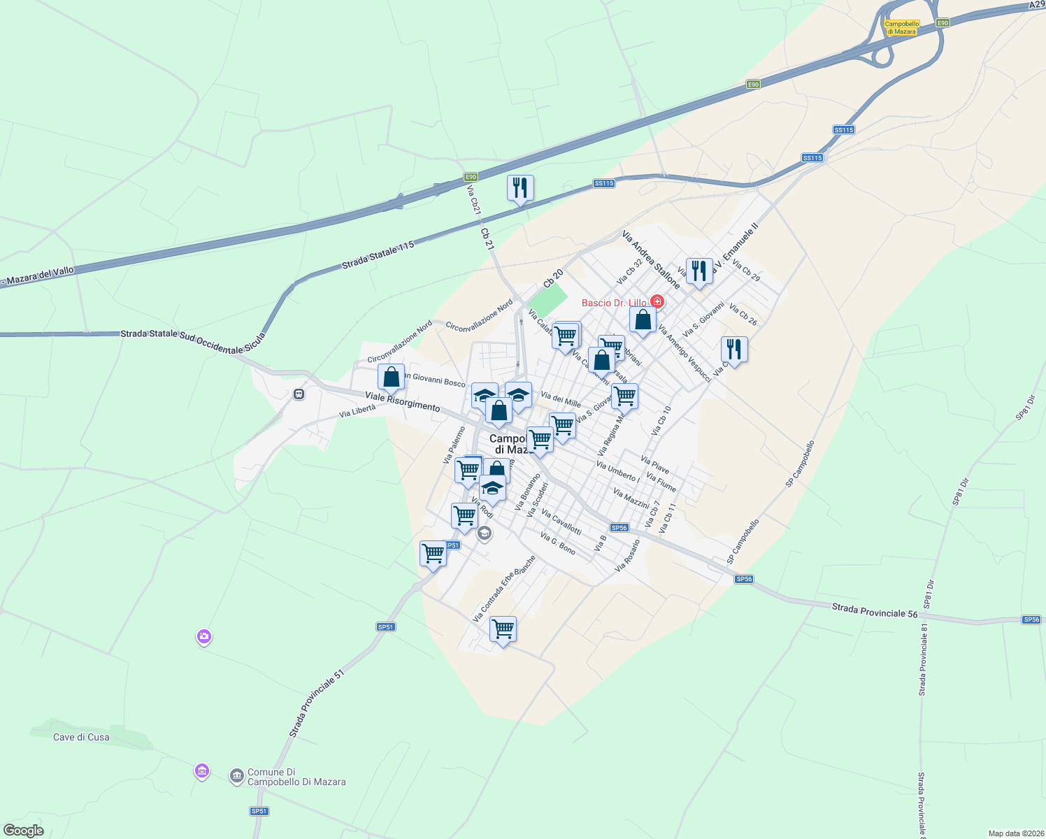 map of restaurants, bars, coffee shops, grocery stores, and more near 10 Via Dante Alighieri in Campobello di Mazara