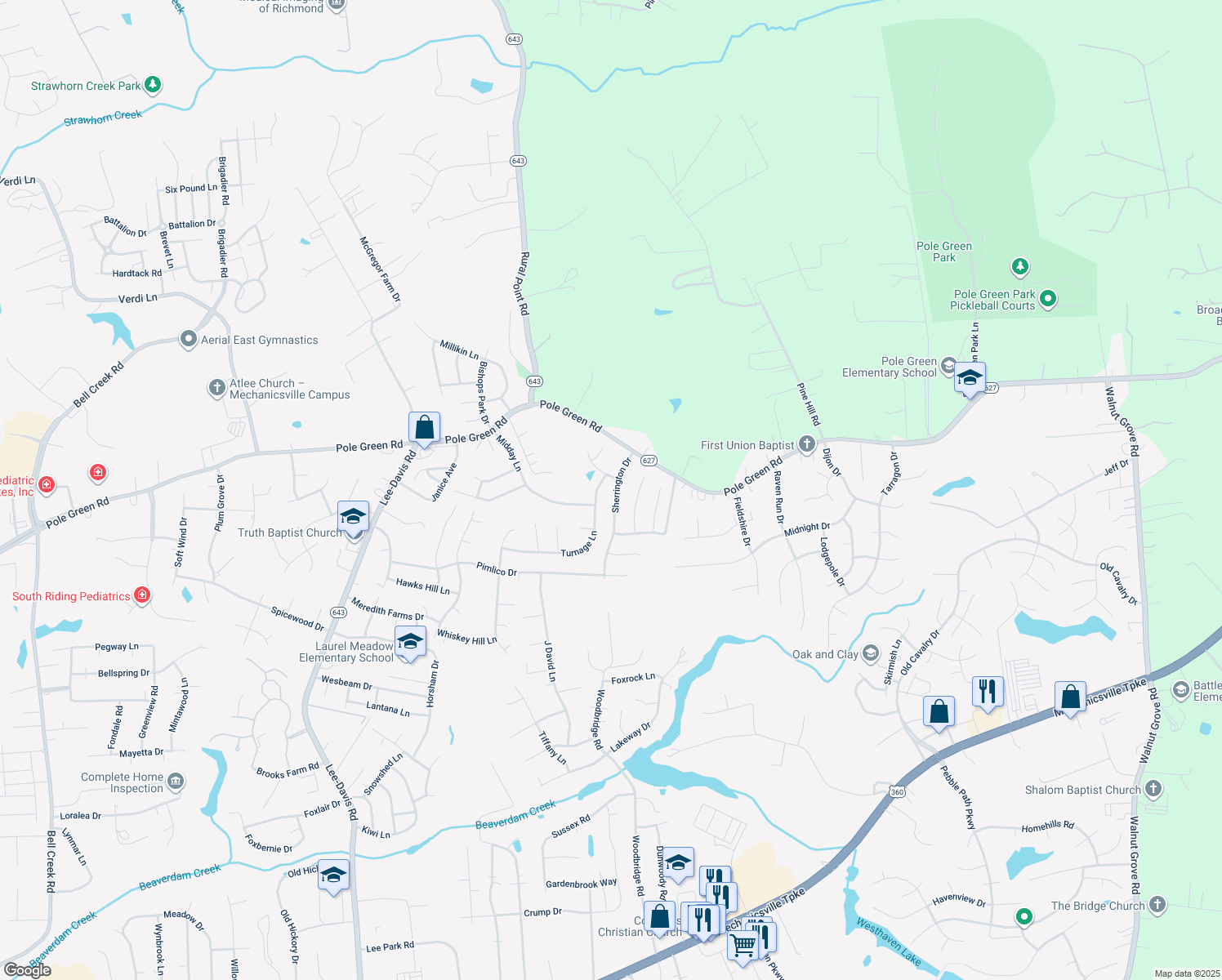 map of restaurants, bars, coffee shops, grocery stores, and more near 8391 Sherrington Dr in Mechanicsville