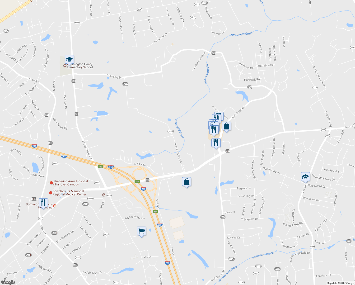 map of restaurants, bars, coffee shops, grocery stores, and more near 8342 Bartram Springs Drive in Mechanicsville