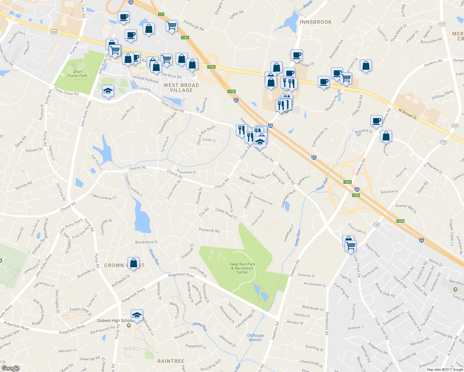 map of restaurants, bars, coffee shops, grocery stores, and more near 10919 Foxmoore Avenue in Richmond