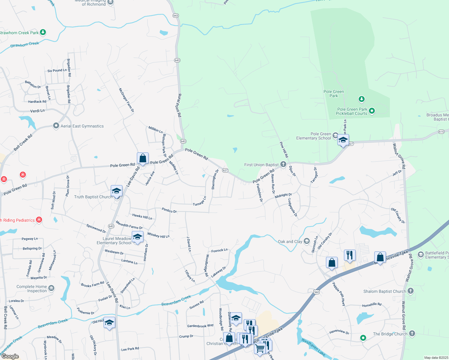 map of restaurants, bars, coffee shops, grocery stores, and more near 8286 Carrolton Ridge Place in Mechanicsville