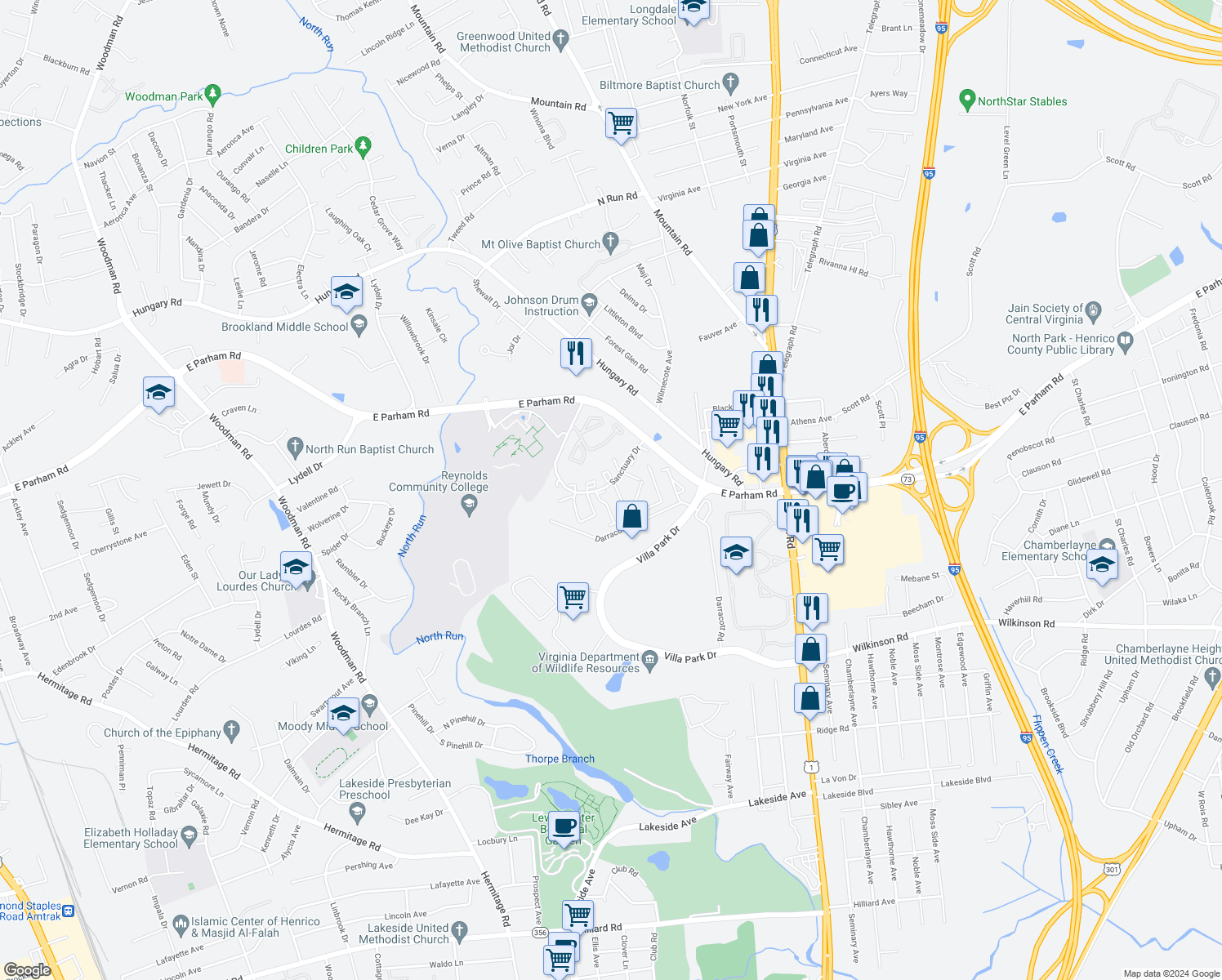 map of restaurants, bars, coffee shops, grocery stores, and more near 1516 Cross Keys Court in Richmond