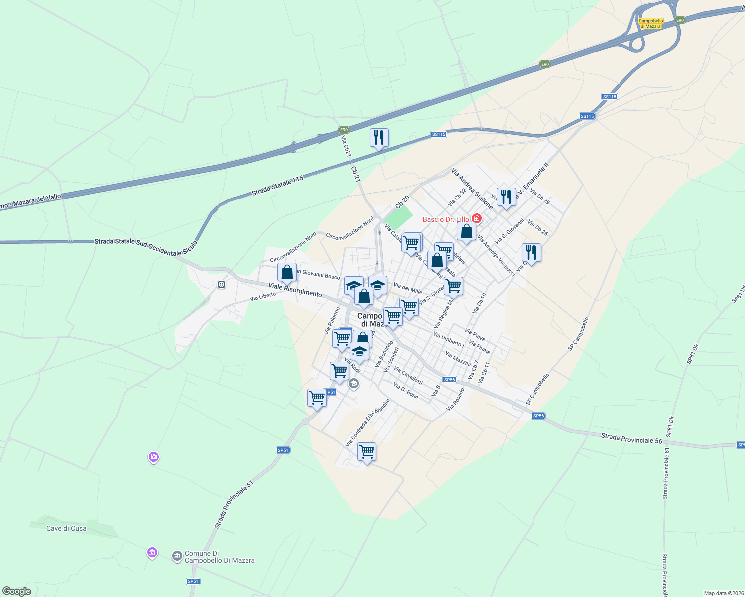map of restaurants, bars, coffee shops, grocery stores, and more near 10 Via Dante Alighieri in Campobello di Mazara