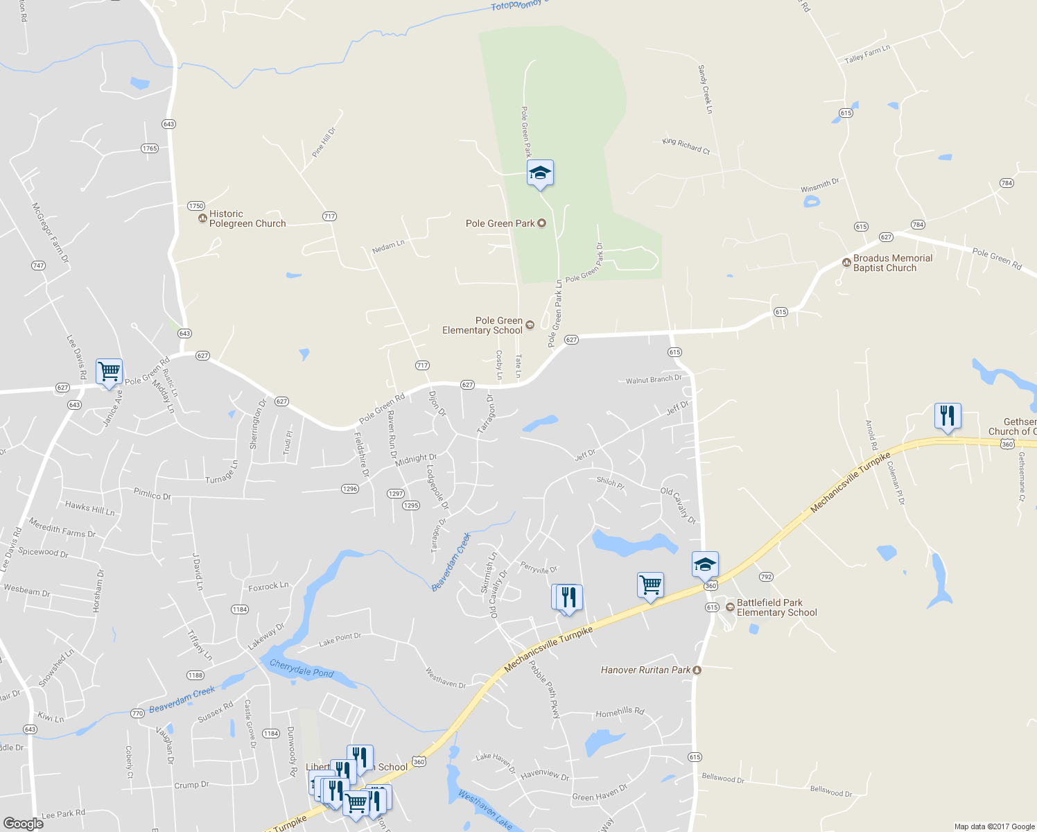 map of restaurants, bars, coffee shops, grocery stores, and more near 6125 Thyme Drive in Mechanicsville