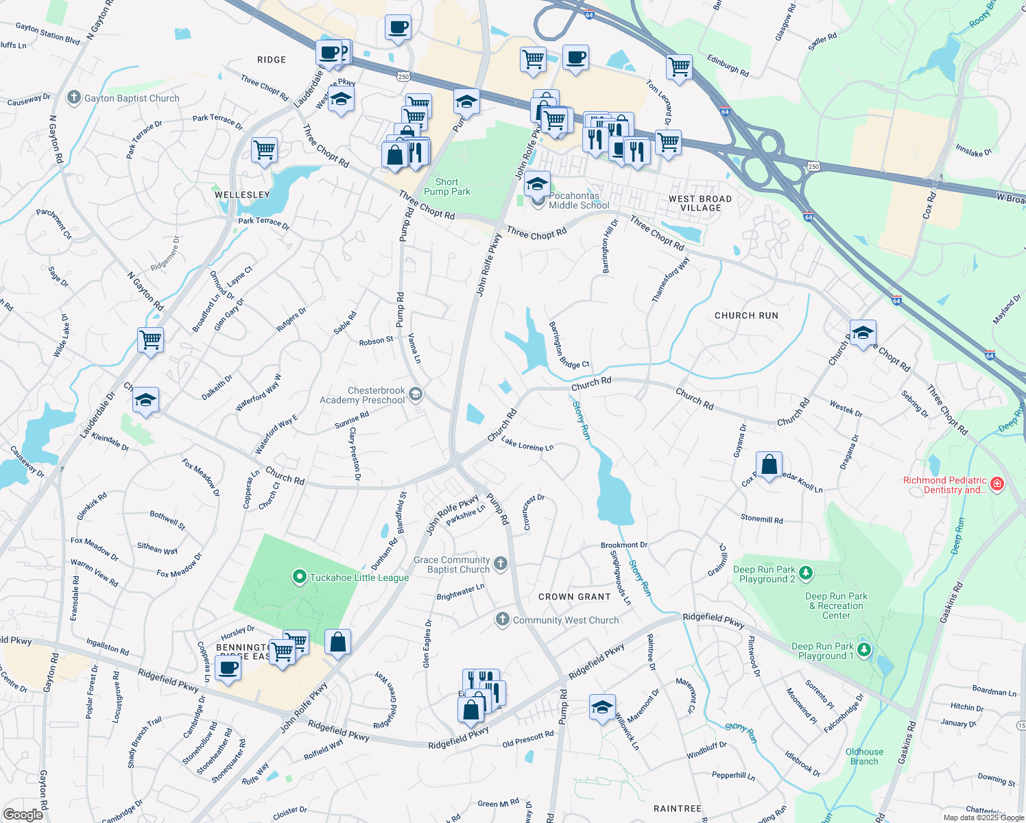 map of restaurants, bars, coffee shops, grocery stores, and more near 2801 Chapelwood Lane in Henrico