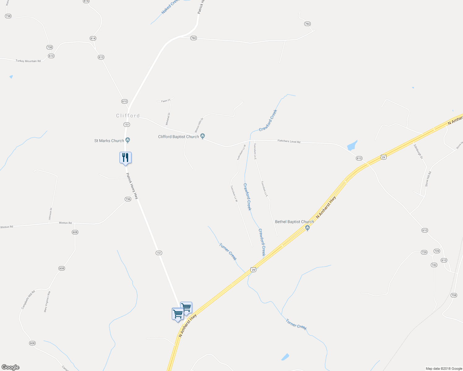 map of restaurants, bars, coffee shops, grocery stores, and more near 199 Tusculum Lane West in Amherst