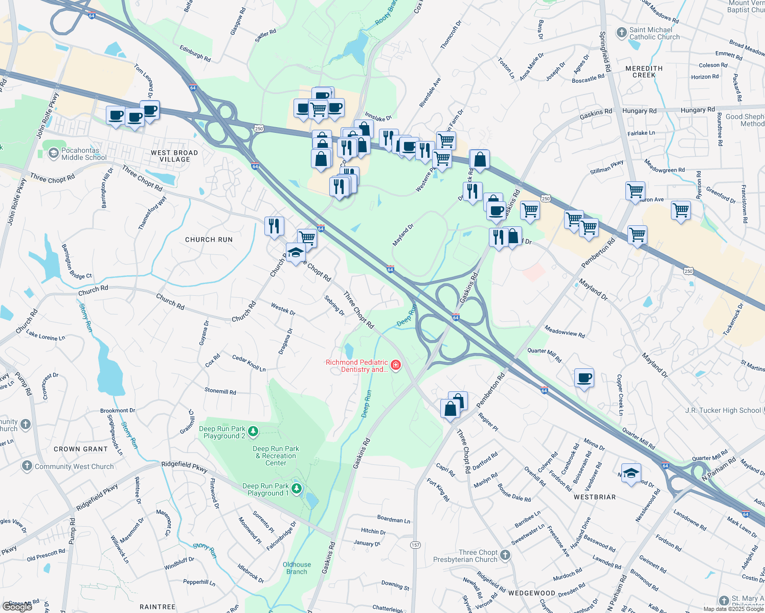 map of restaurants, bars, coffee shops, grocery stores, and more near 2904 Barbara Court in Richmond