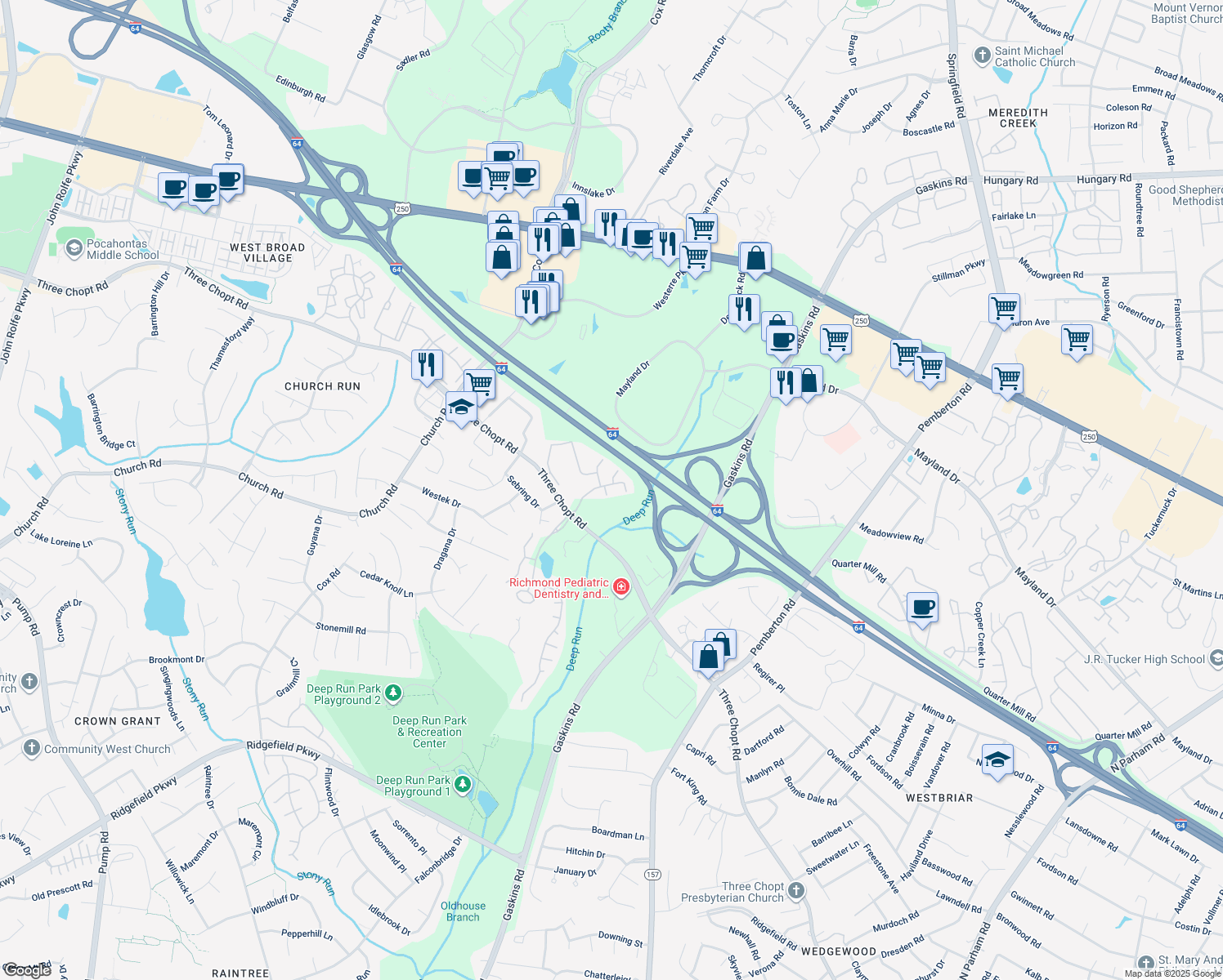 map of restaurants, bars, coffee shops, grocery stores, and more near 2905 Barbara Court in Henrico