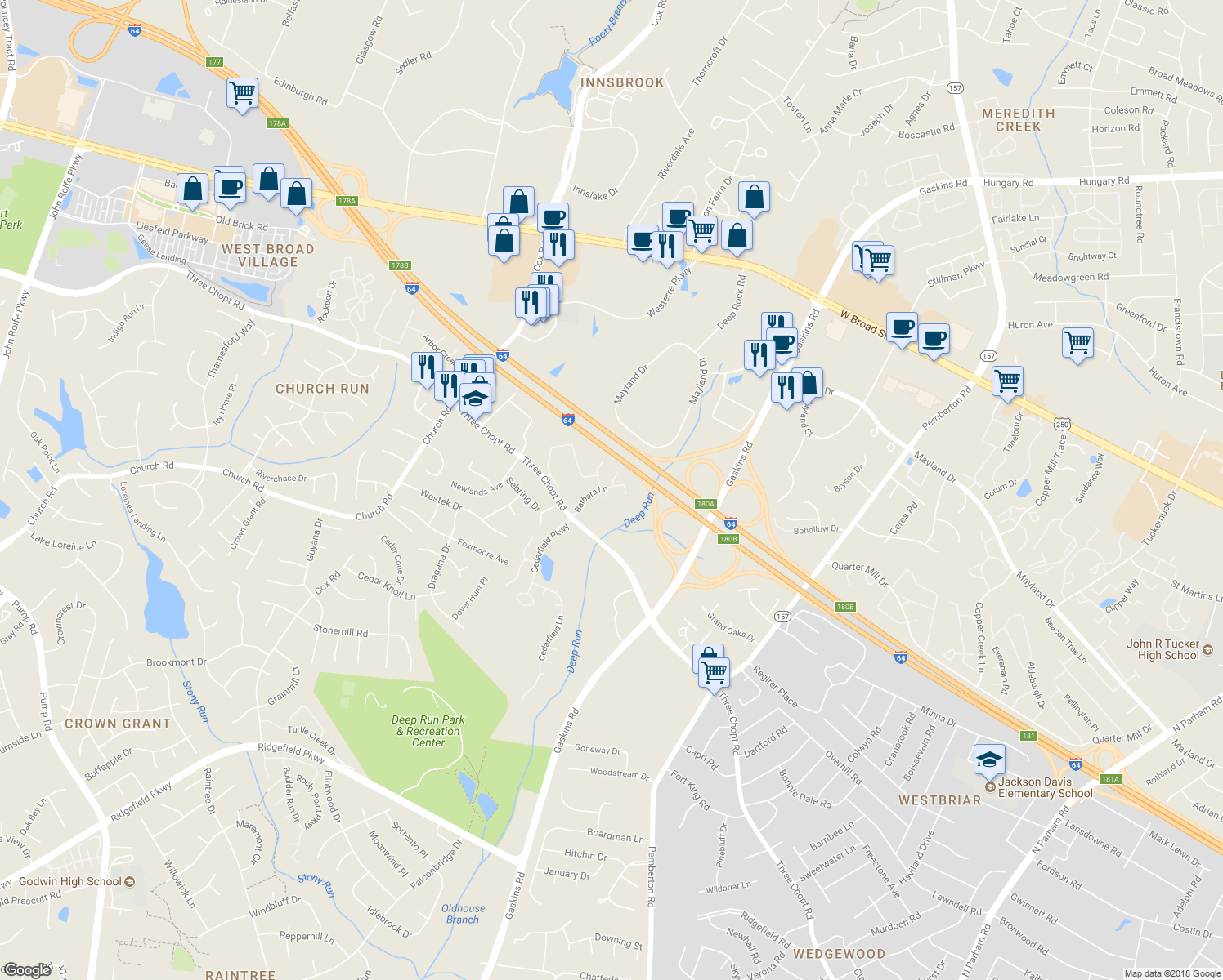map of restaurants, bars, coffee shops, grocery stores, and more near 2907 Barbara Court in Richmond