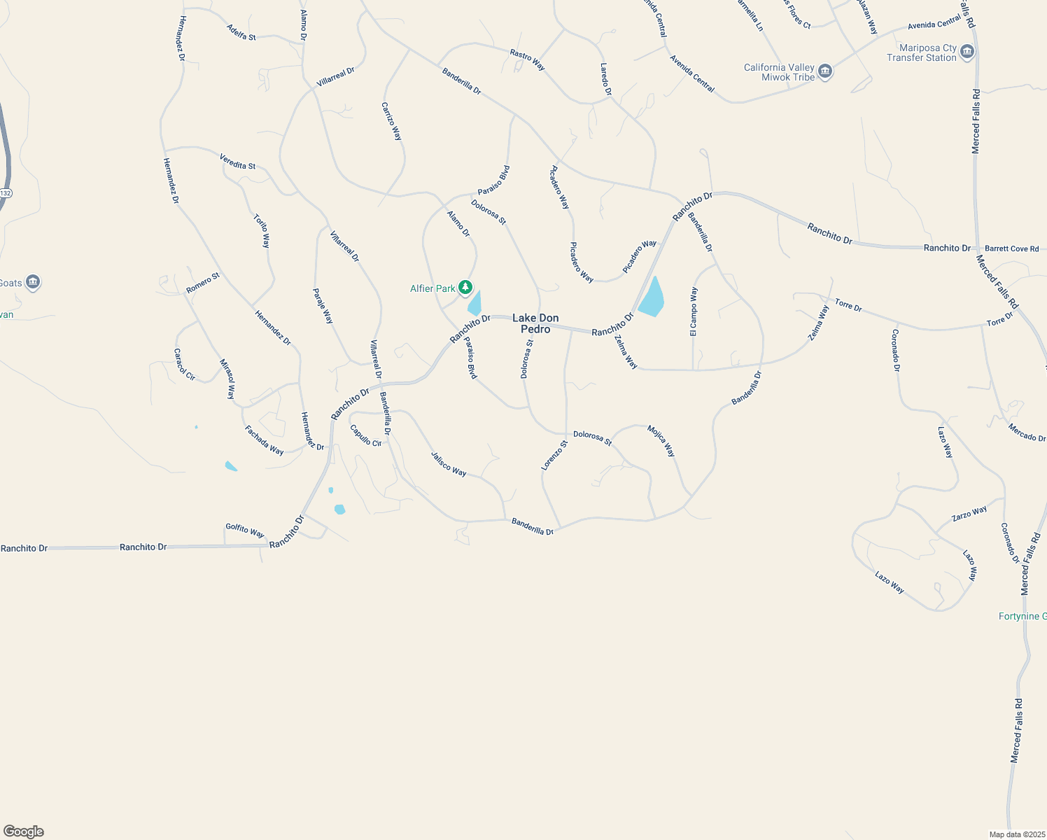 map of restaurants, bars, coffee shops, grocery stores, and more near Paraiso Boulevard in Lake Don Pedro