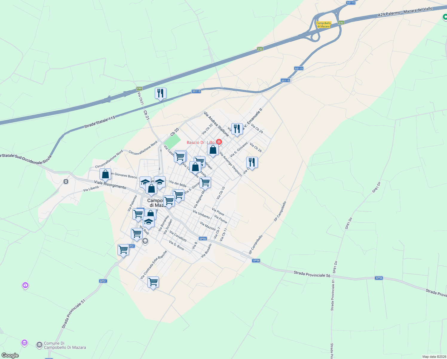 map of restaurants, bars, coffee shops, grocery stores, and more near 12 Via Macalle' in Campobello di Mazara