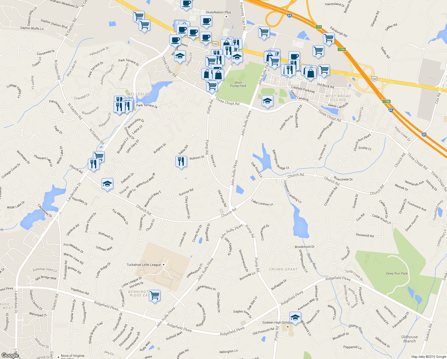 map of restaurants, bars, coffee shops, grocery stores, and more near 2808 Sandy Bluff Court in Richmond