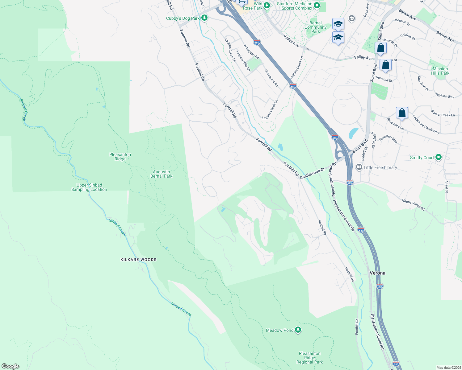 map of restaurants, bars, coffee shops, grocery stores, and more near 1527 Honey Suckle Court in Pleasanton