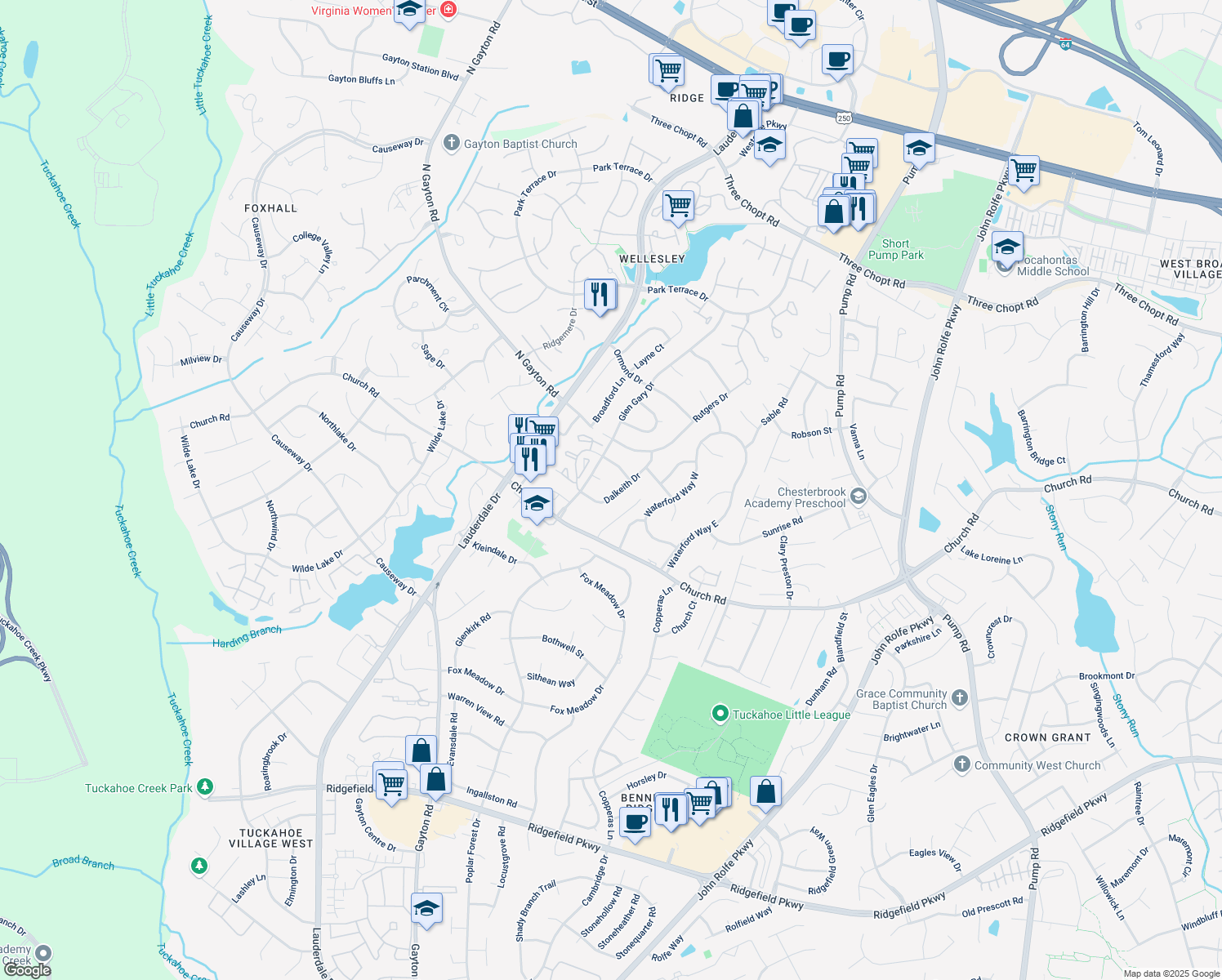 map of restaurants, bars, coffee shops, grocery stores, and more near 2730 Dalkeith Drive in Henrico