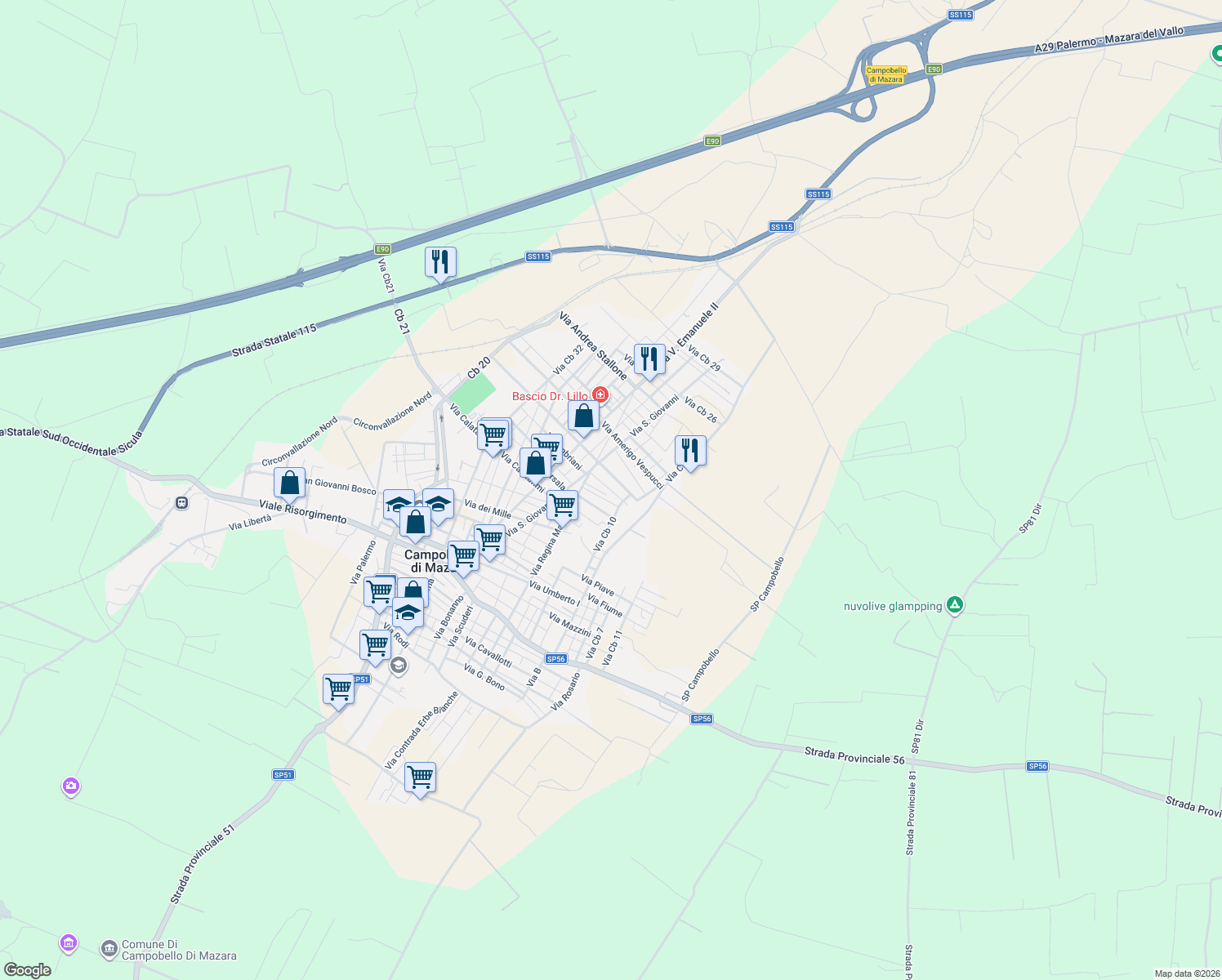 map of restaurants, bars, coffee shops, grocery stores, and more near 12 Via Macalle' in Campobello di Mazara