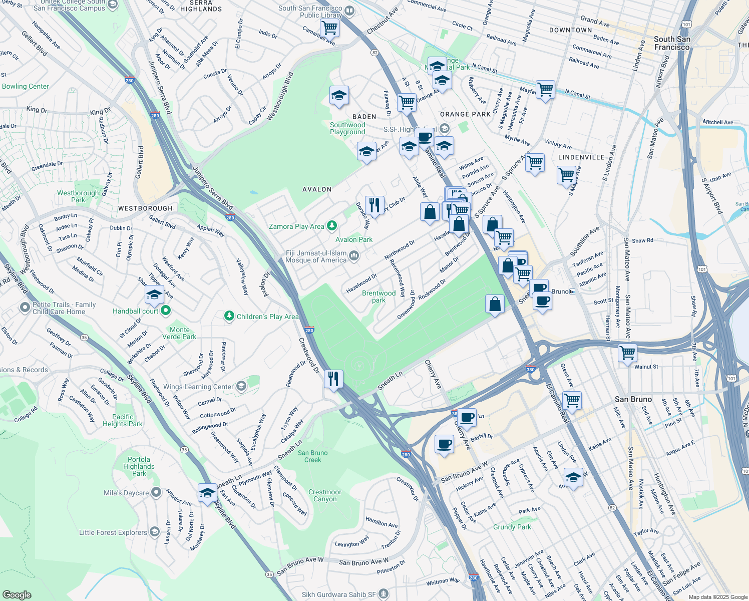 map of restaurants, bars, coffee shops, grocery stores, and more near 415 Briarwood Drive in South San Francisco
