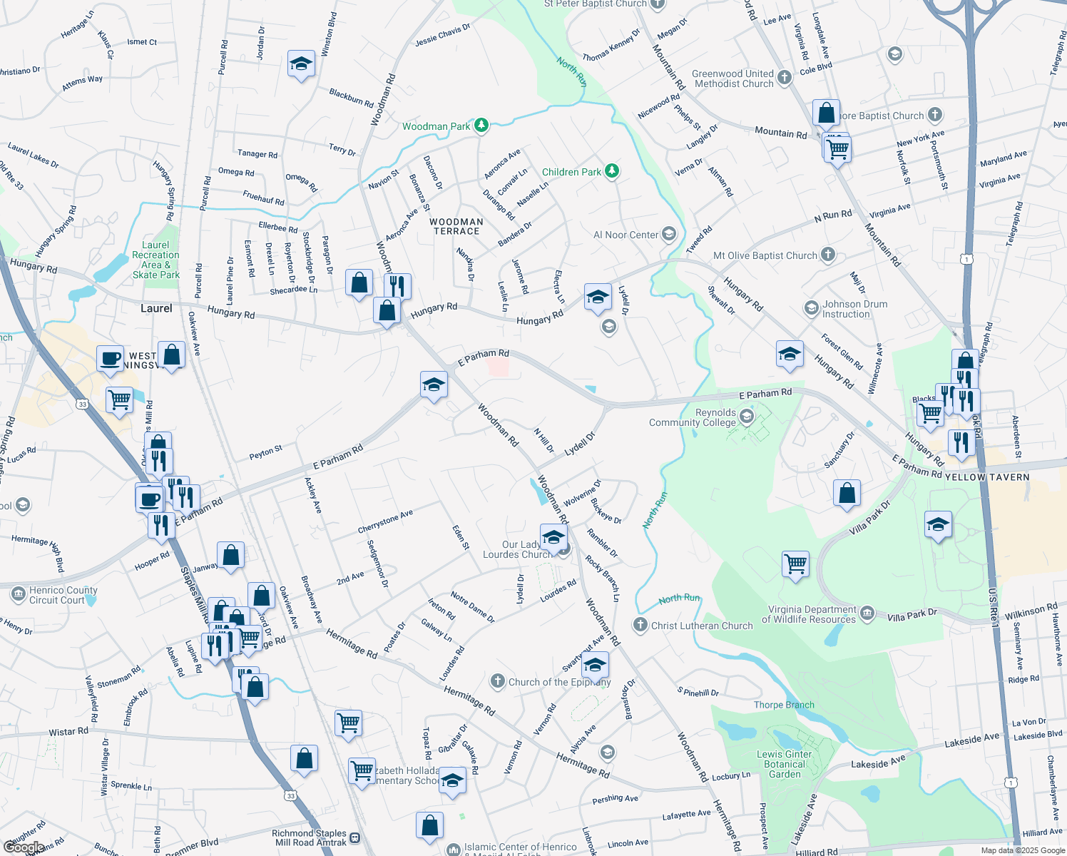 map of restaurants, bars, coffee shops, grocery stores, and more near 2200 Raymond Avenue in Henrico
