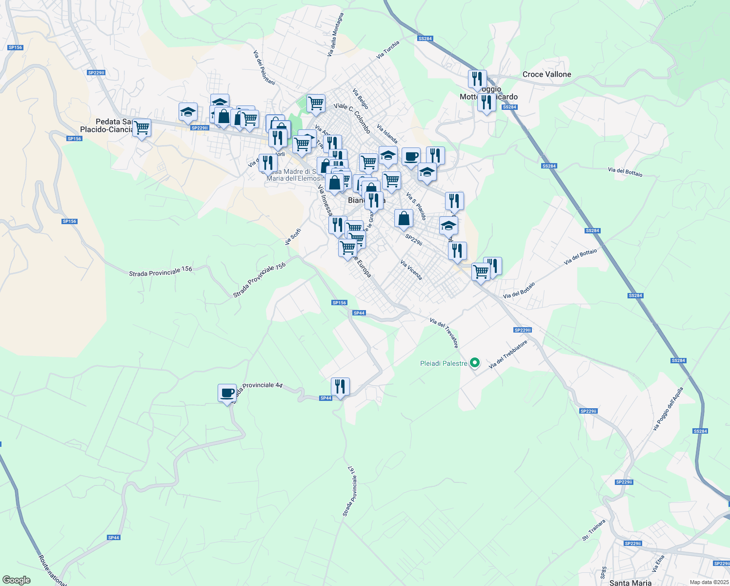 map of restaurants, bars, coffee shops, grocery stores, and more near Via Levanzo in Biancavilla