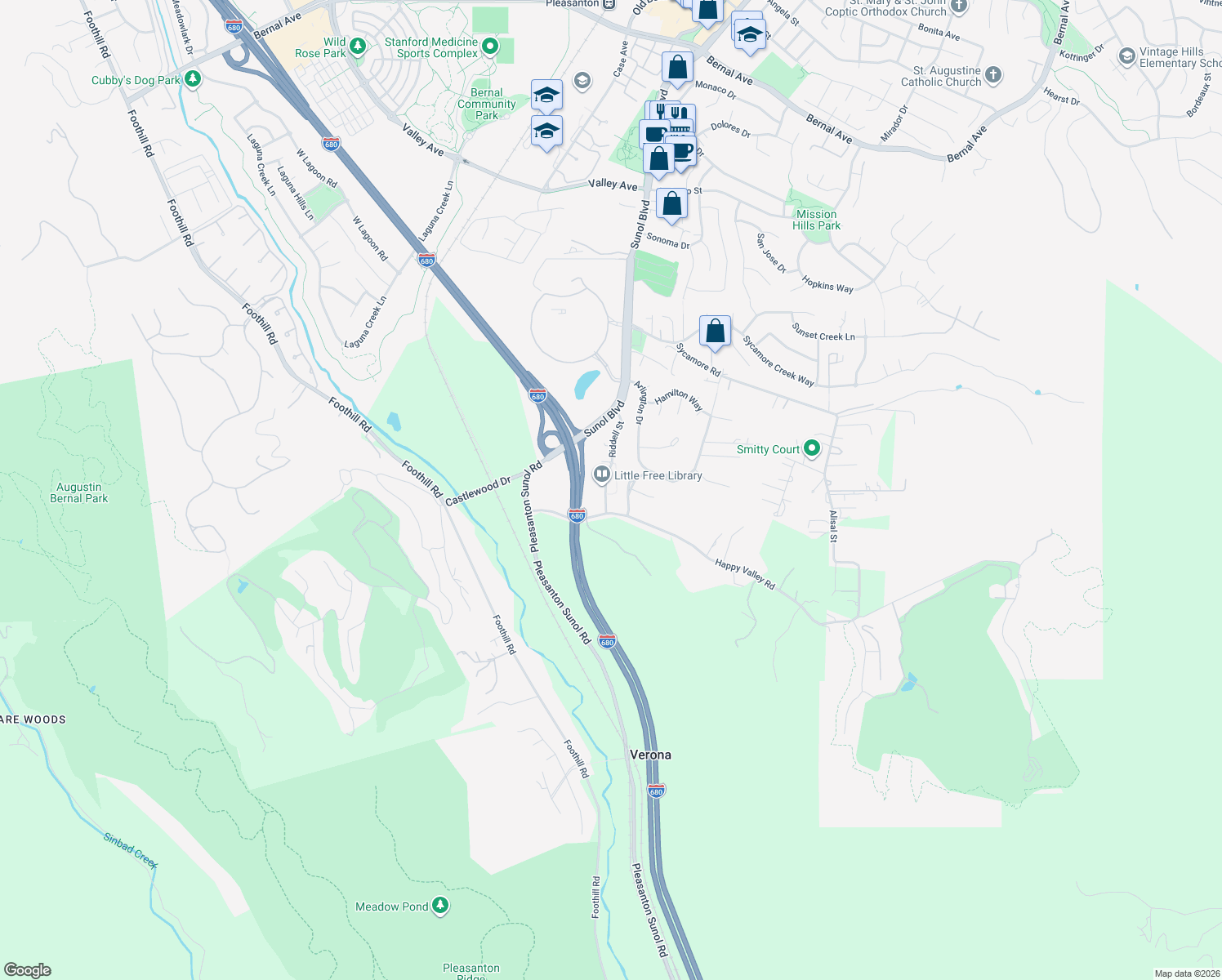 map of restaurants, bars, coffee shops, grocery stores, and more near 6940 Riddell Street in Pleasanton