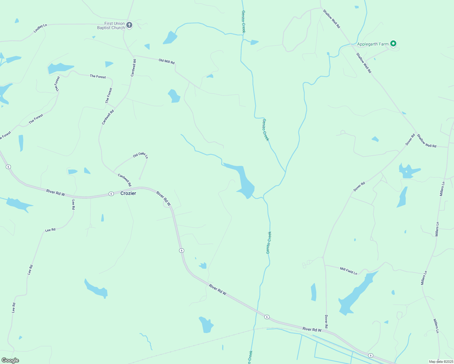 map of restaurants, bars, coffee shops, grocery stores, and more near 585 Blue Goose Road in Crozier