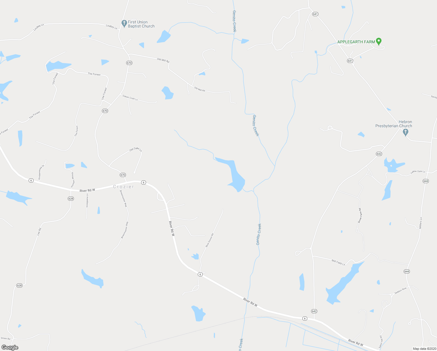 map of restaurants, bars, coffee shops, grocery stores, and more near 585 Blue Goose Road in Crozier