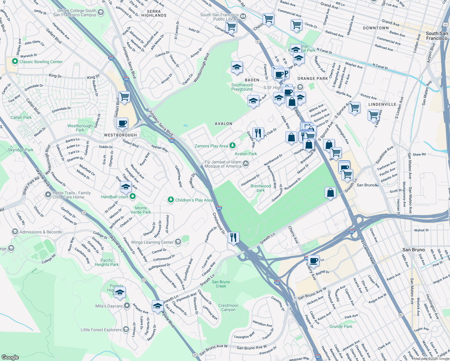 map of restaurants, bars, coffee shops, grocery stores, and more near 461 Alta Vista Drive in South San Francisco