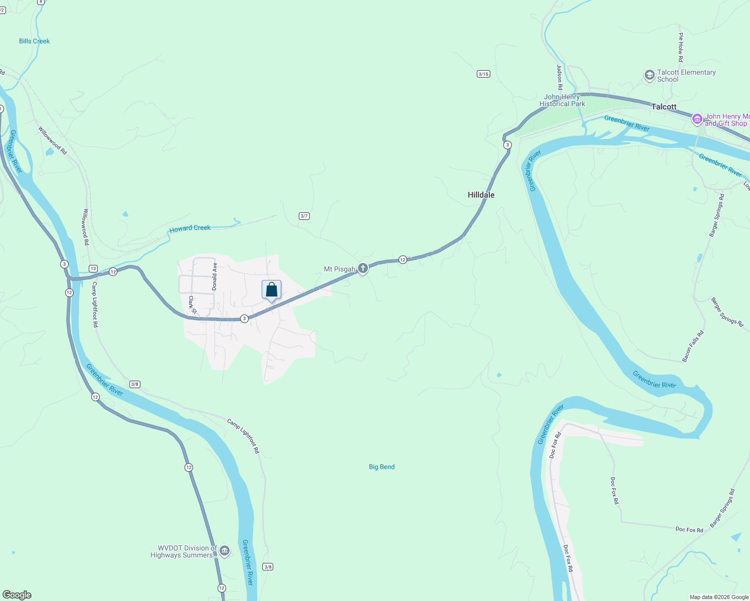 map of restaurants, bars, coffee shops, grocery stores, and more near 120 Molly Mann Road in Hinton
