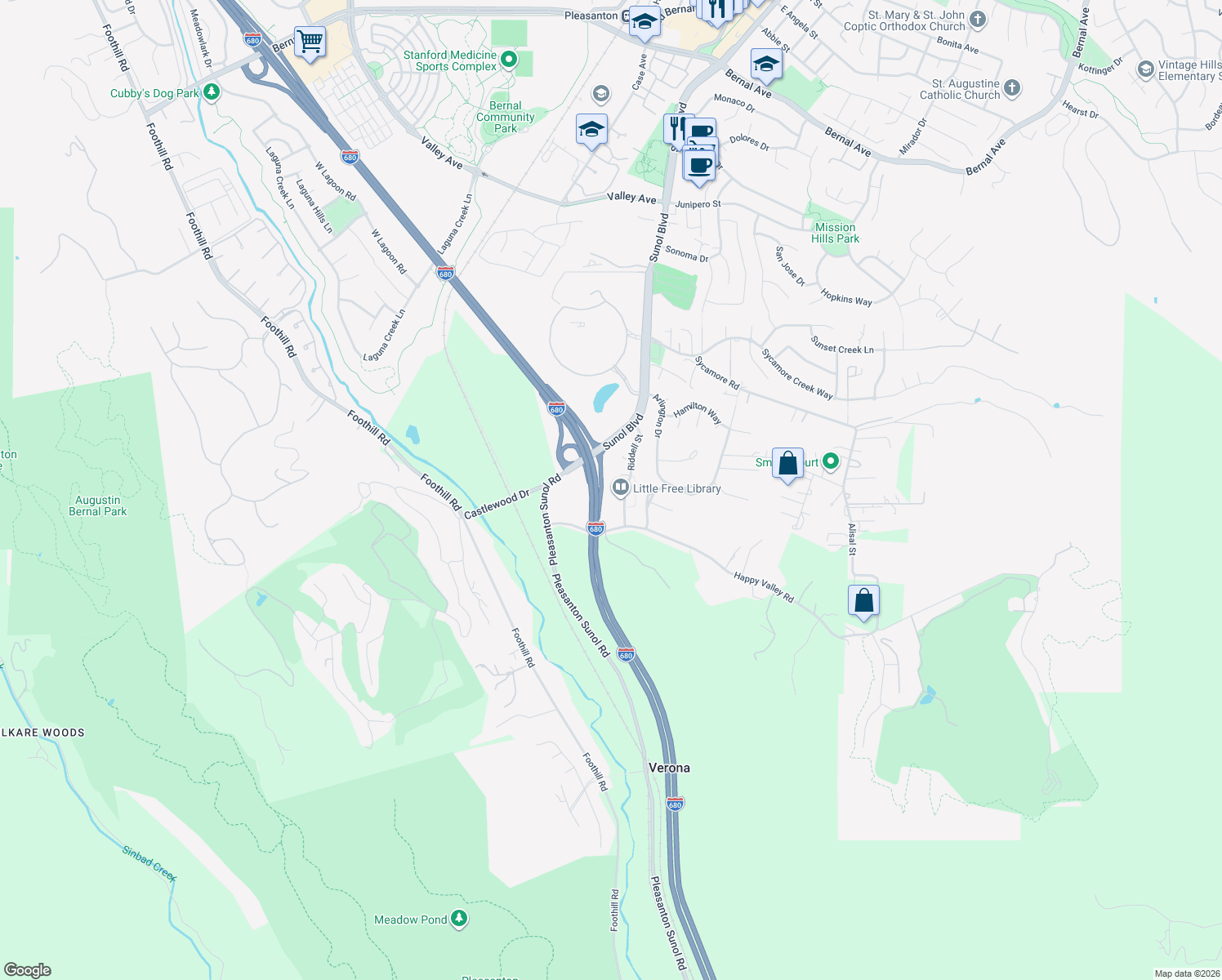 map of restaurants, bars, coffee shops, grocery stores, and more near 298 Sullivan Court in Pleasanton