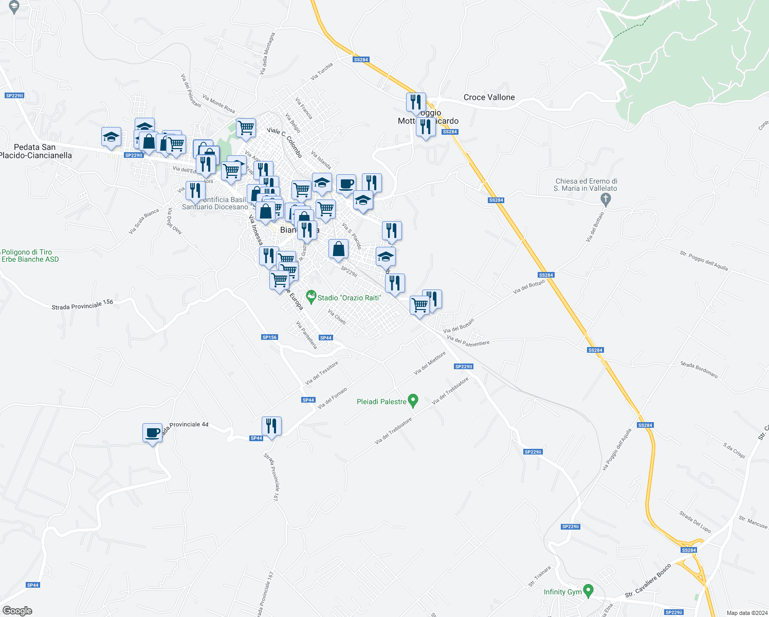 map of restaurants, bars, coffee shops, grocery stores, and more near 15 Via Vittorio Emanuele in Biancavilla
