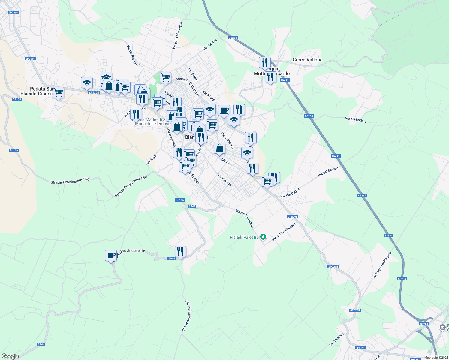 map of restaurants, bars, coffee shops, grocery stores, and more near 15 Via Avellino in Biancavilla