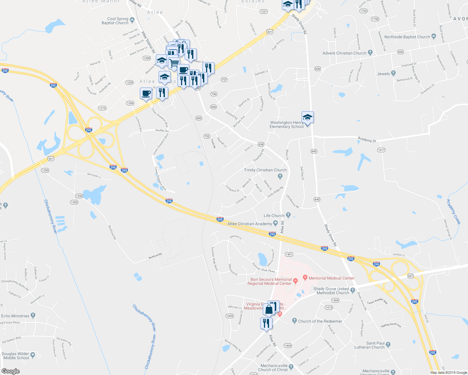 map of restaurants, bars, coffee shops, grocery stores, and more near 8342 Compass Drive in Mechanicsville