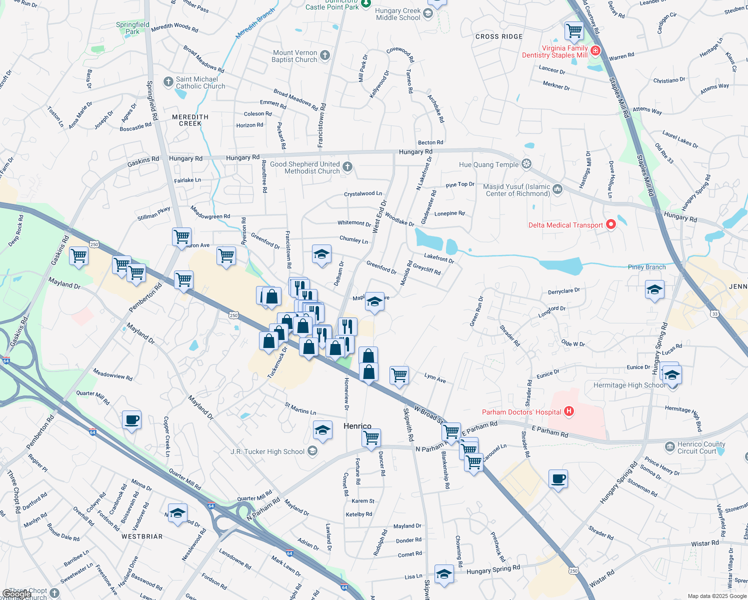 map of restaurants, bars, coffee shops, grocery stores, and more near 8913 Mapleview Avenue in Richmond