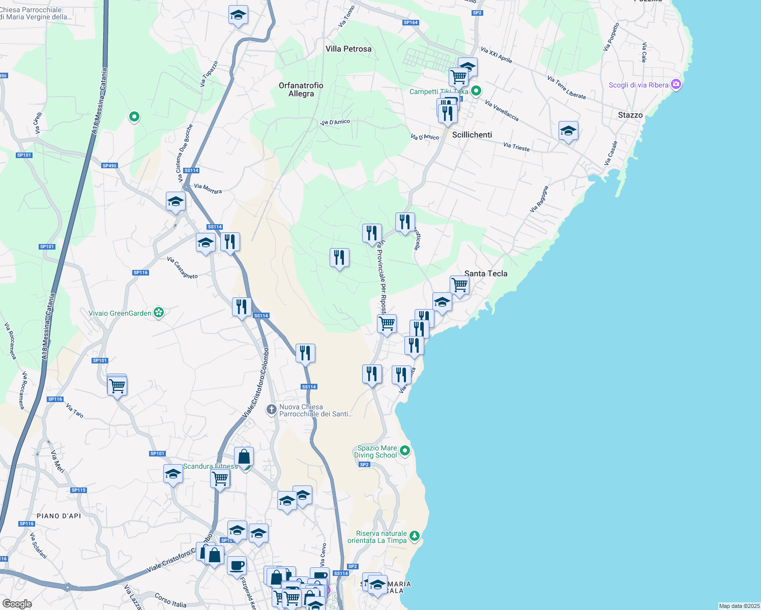 map of restaurants, bars, coffee shops, grocery stores, and more near 47 Via Provinciale per Riposto in Acireale
